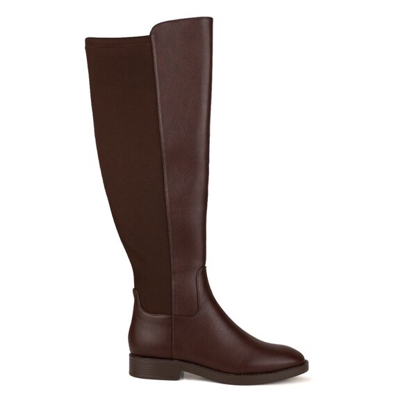 Stylish Modern Fashion Stretchy Leather Knee High Brown Riding Flat Boots - Picture 2 of 9